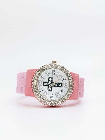 Fancy Pink Geneva Watch w/ Cross Graphic and Gemstones