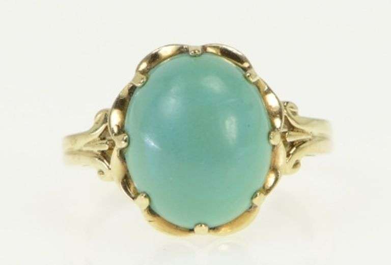 10K Yellow Gold Victorian Turquoise Cabochon Ornate Vintage Ring