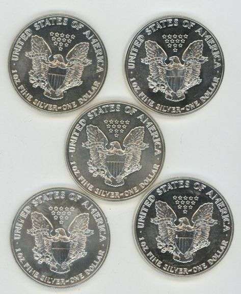 5 Diff. better date Gem BU $1 American Silver Eagles 1987 to 1993