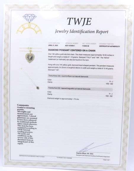 Incredible Yellow Gold 1.75ctw Heart Shaped Diamond Pendant on Rolo Chain Necklace