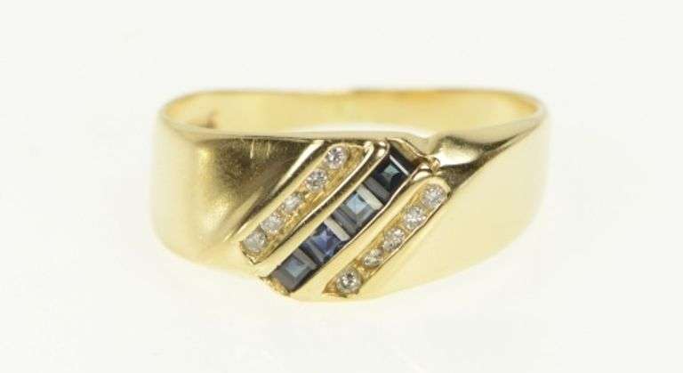 14K Yellow Gold Princess Sapphire Diamond Slanted Men's Ring