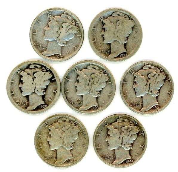 7 Different Silver Mercury Dimes