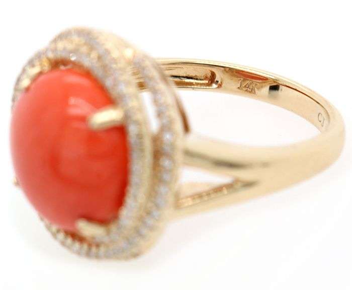 Round Coral Cabochon and 0.35ctw Diamond Swirl Halo Ring in 14K