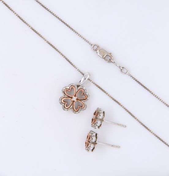 Set of Sterling Silver Flower Pendant on Chain with Matching Earrings