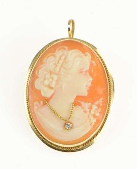 14K Yellow Gold Carved Shell Cameo Diamond Vintage Classic Pendant