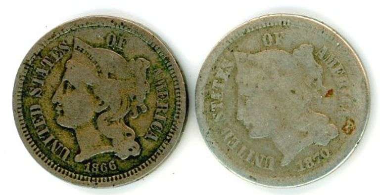 2 Three Cent Nickel Pieces: 1866 and 1870