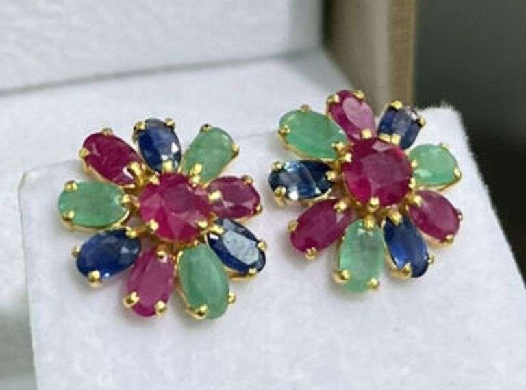 14KT SOLID YELLOW GOLD, RUBY, EMERALD, AND BLUE SAPPHIRE FLOWER EARRINGS