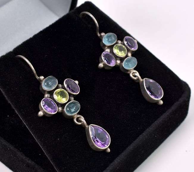 Multi-Gem Dangle Earrings In Sterling Silver