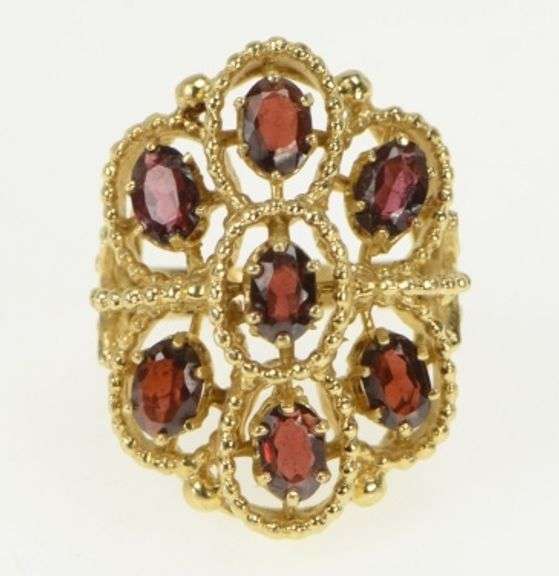 14K Yellow Gold Oval Garnet Filigree Statement Cocktail Ring