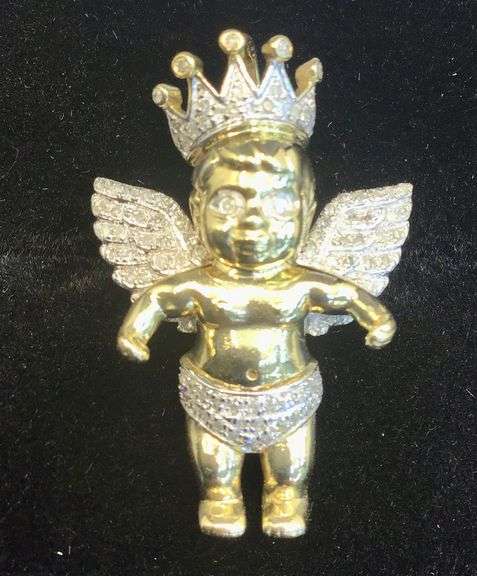 GORGEOUS 10K YELLOW GOLD CROWNED ANGEL PENDANT