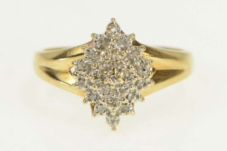 10K Yellow Gold Squared Vintage Diamond Cluster Statement Ring