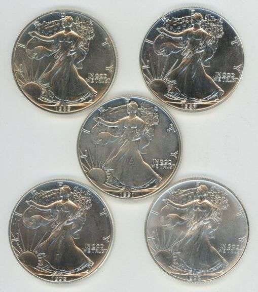 5 Diff. better date Gem BU $1 American Silver Eagles 1987 to 1993