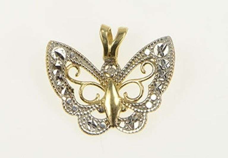 10K Yellow Gold Two Tone Butterfly Change Symbol Filigree Pendant
