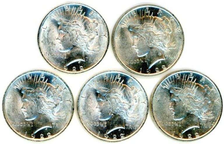 5 Peace Silver Dollars from 1922