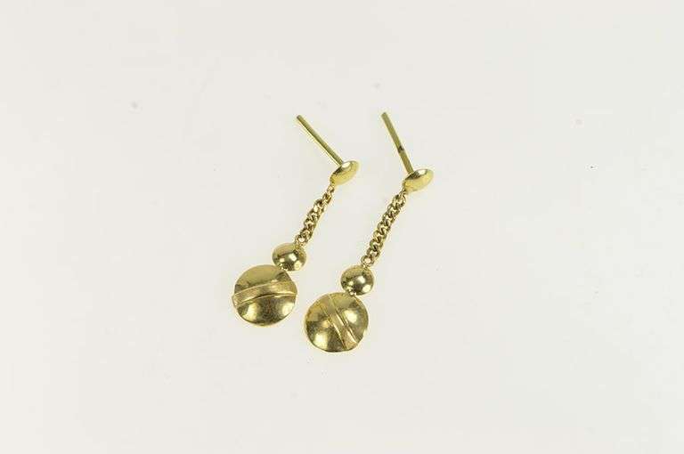 14K Yellow Gold Round Circle Striped Dangle Vintage Statement Earrings