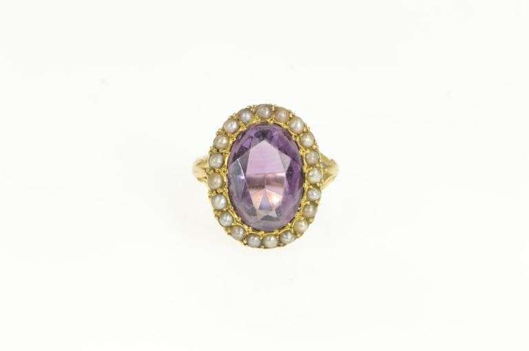 14K Yellow Gold Victorian Oval Amethyst Seed Pearl Cocktail Ring