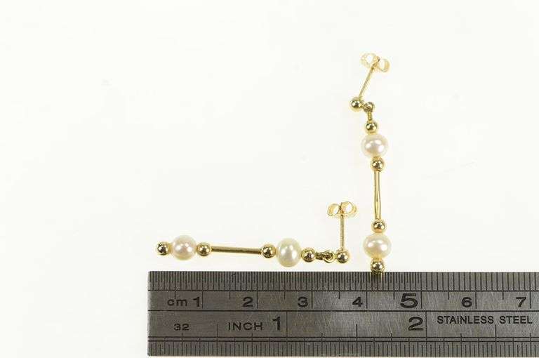 14K Yellow Gold Pearl Beaded Vintage Bar Dangle Chain Earrings