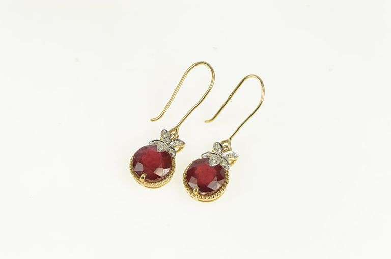 10K Yellow Gold Round Ruby Diamond Accent Ornate Floral Earrings