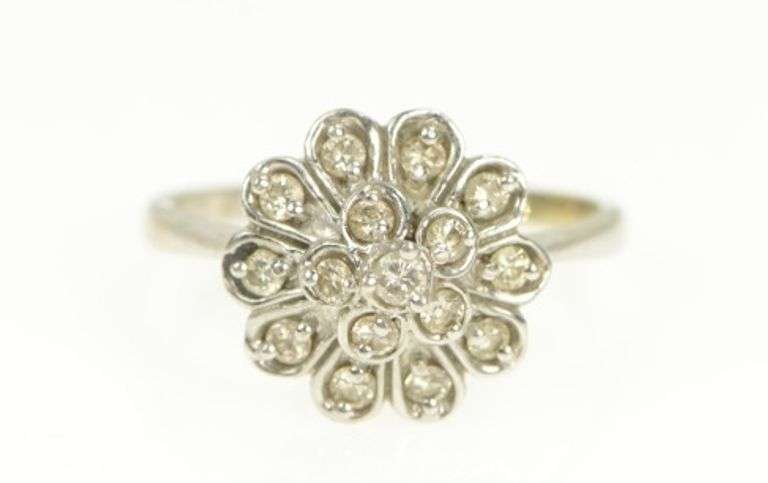 14K White Gold 1950's Floral Diamond Halo Cluster Cocktail Ring