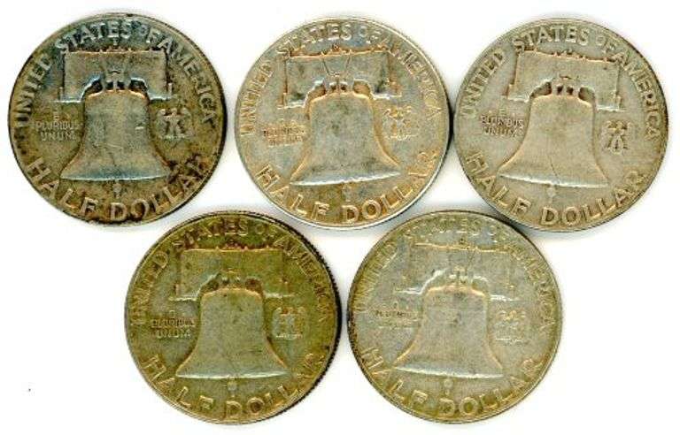 5 Mintmarked Franklin Silver Half Dollars: 1949-S-1961-D