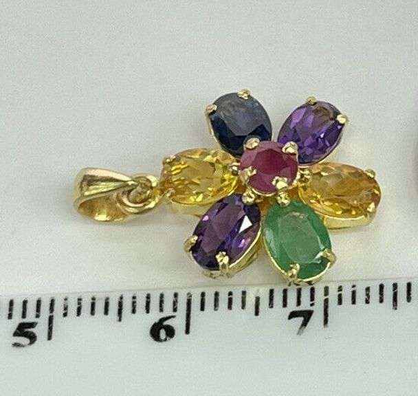 14KT SOLID YELLOW GOLD NATURAL GEMSTONE FLOWER PENDANT
