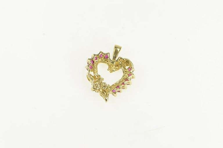 10K Yellow Gold Natural Ruby Diamond Floral Heart Classic Pendant