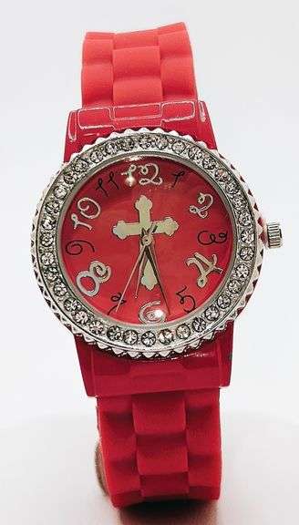 Fancy Pink Geneva Watch w/ Cross Graphic and Gemstones