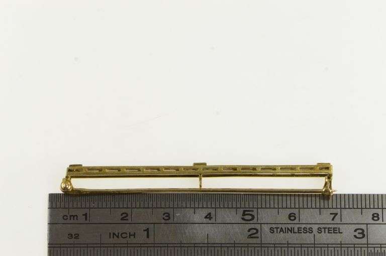14K Yellow Gold Art Deco Peridot Ornate Pinstriped Bar Pin/Brooch