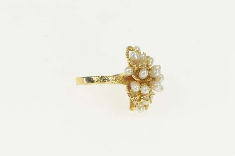 14K Yellow Gold 1960's Pearl Diamond Cluster Vintage Floral Ring
