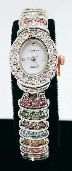 Ladies Geneva & Gemstone Watch, 18kt White Gold Plated
