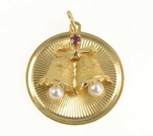 14K Yellow Gold 1960's Wedding Bell Pearl Ruby Marriage Charm/Pendant
