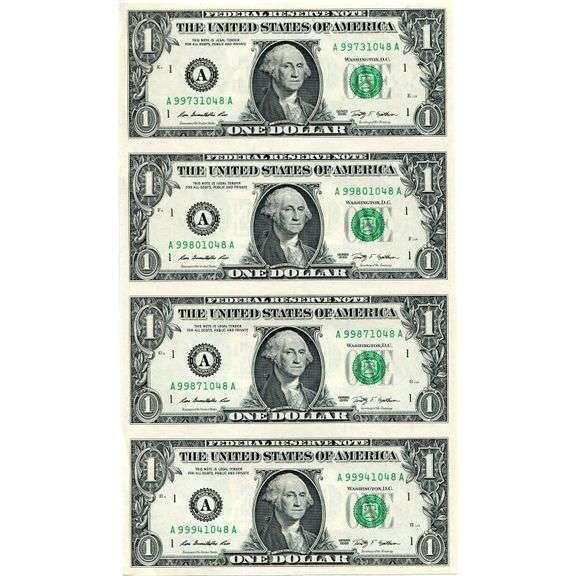 Uncut Currency Sheet 4 x $1 2009 UNC