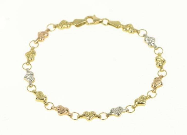 14K Yellow Gold Tri Tone Puffy Heart Link Vintage Tennis Bracelet