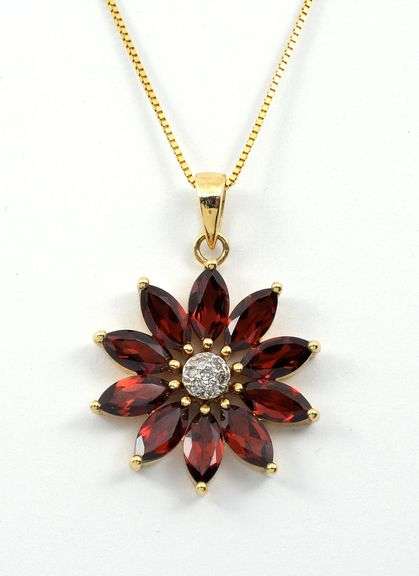 Pretty Garnet Flower Pendant on Necklace