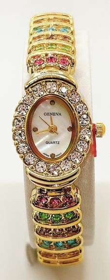 Ladies Geneva & Gemstone Watch, 18kt Yellow Gold Plated