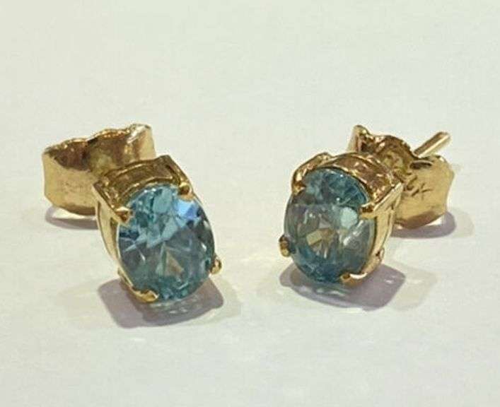 14KT SOLID YELLOW GOLD & BLUE ZIRCON STUD EARRINGS