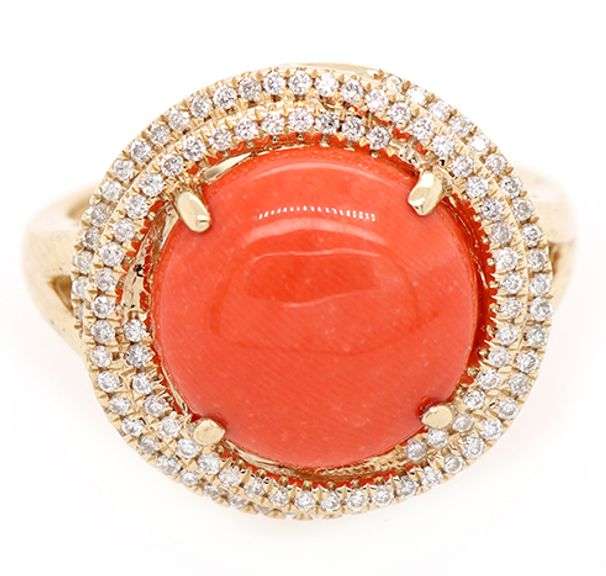 Round Coral Cabochon and 0.35ctw Diamond Swirl Halo Ring in 14K