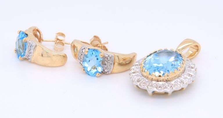 Blue Topaz and White Sapphire Pendant with Aquamarine and Sapphire Earrings