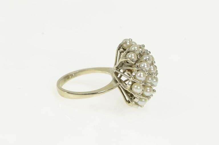 14K White Gold 1950's Pearl Diamond Cocktail Swirl Vintage Ring