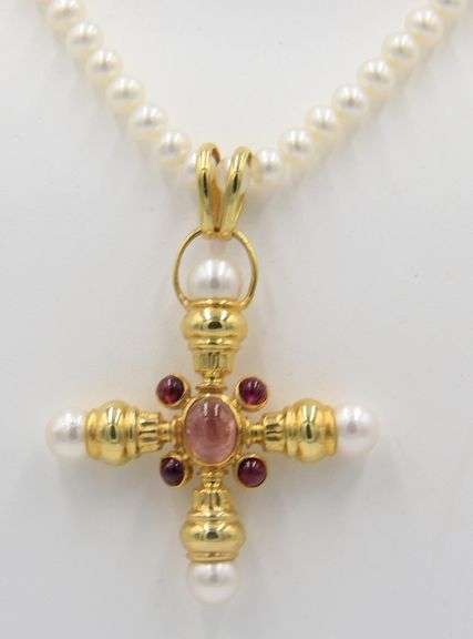 Garnet and Pearl Cross Pendant on Pearl Chain Necklace