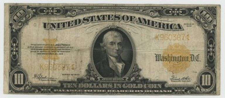Desirable 1922 Series Large Size $10 Gold Certificate note