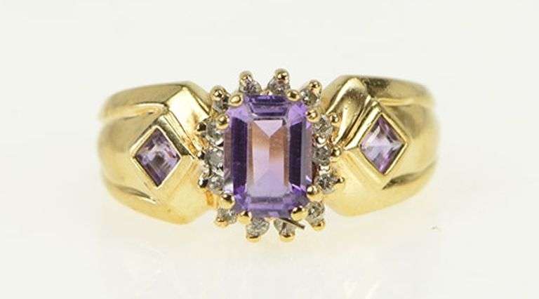10K Yellow Gold Emerald Cut Amethyst Diamond Halo Vintage Ring
