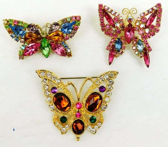 3 Colorful Rhinestone Butterfly Pins