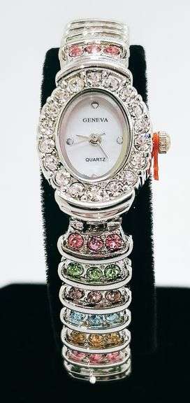 Ladies Geneva & Gemstone Watch, 18kt White Gold Plated