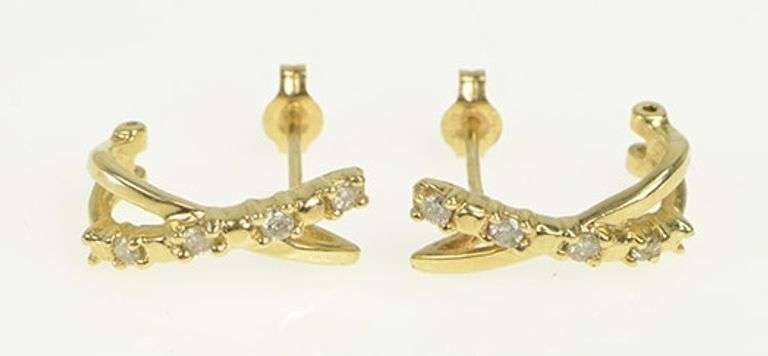 10K Yellow Gold X Criss Cross Diamond Semi Hoop Curved Earrings