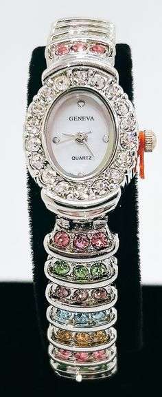 Ladies Geneva & Gemstone Watch, 18kt White Gold Plated