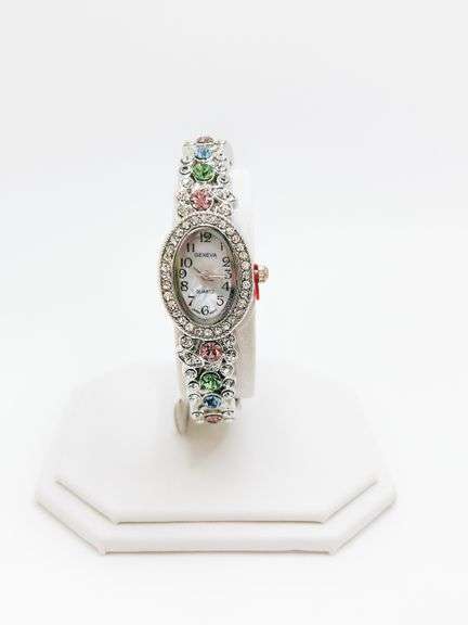 Ladies Geneva & Gemstone Watch, 18kt White GP Cuff
