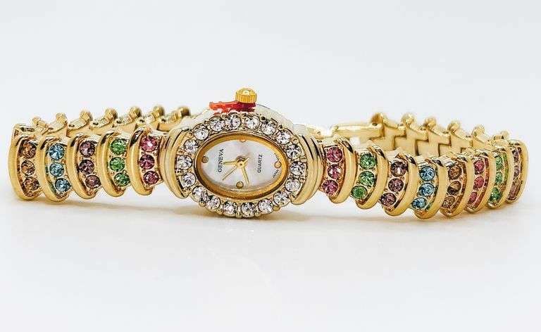 Ladies Geneva & Gemstone Watch, 18kt Yellow Gold Plated