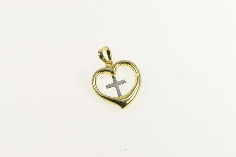 10K Yellow Gold Two Tone Heart Cross Christian Faith Love Pendant