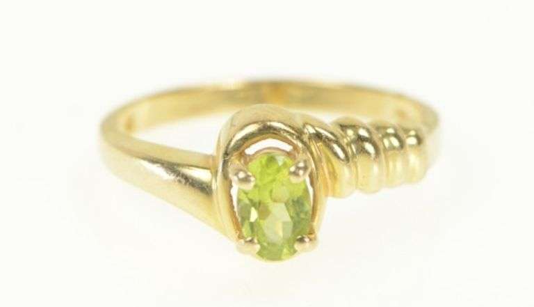 14K Yellow Gold Oval Peridot Scalloped Bypass Statement Ring